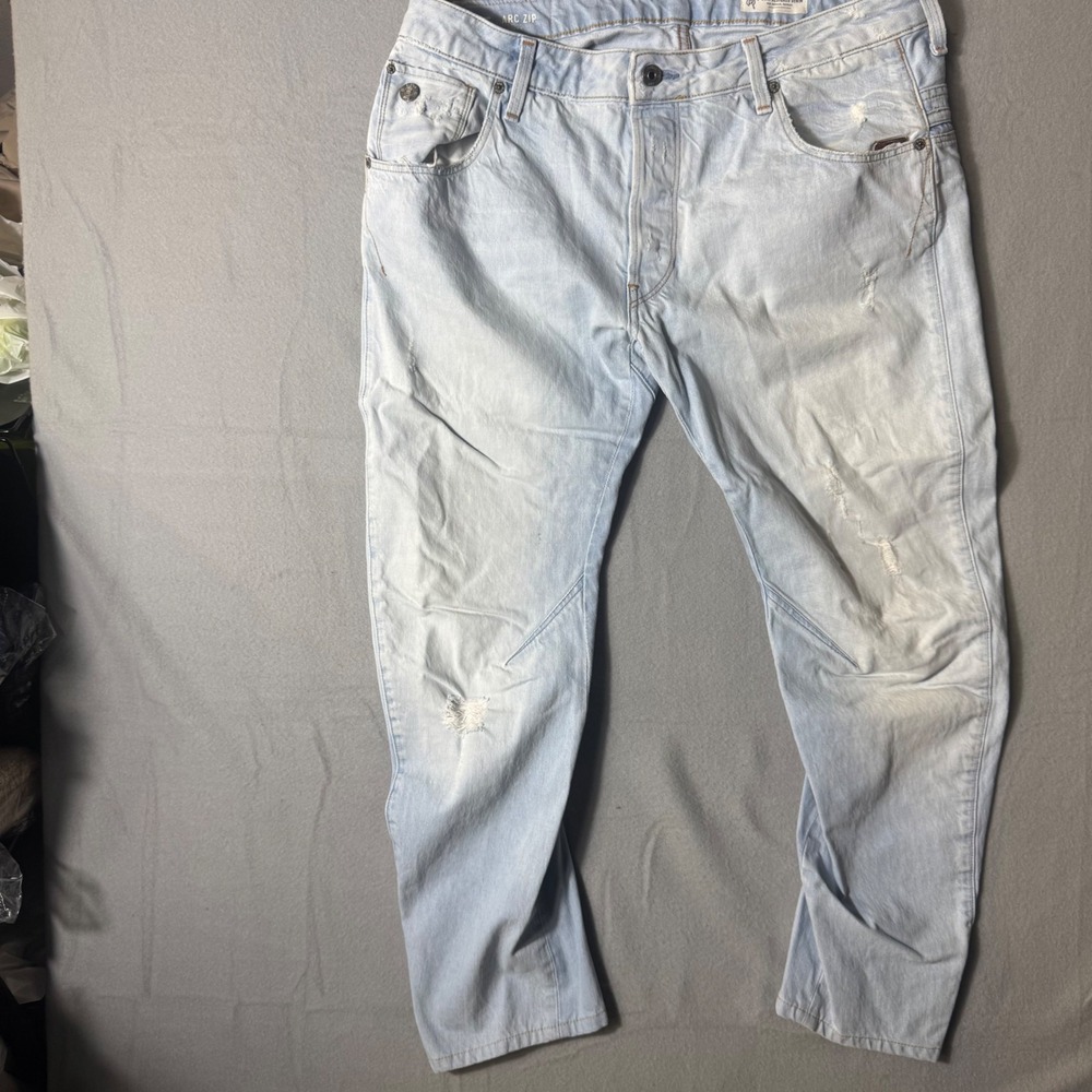 G-Star Raw Arc Zip 3D Slim Jeans Mens 35x28 Light Wash Restored Denim Distressed